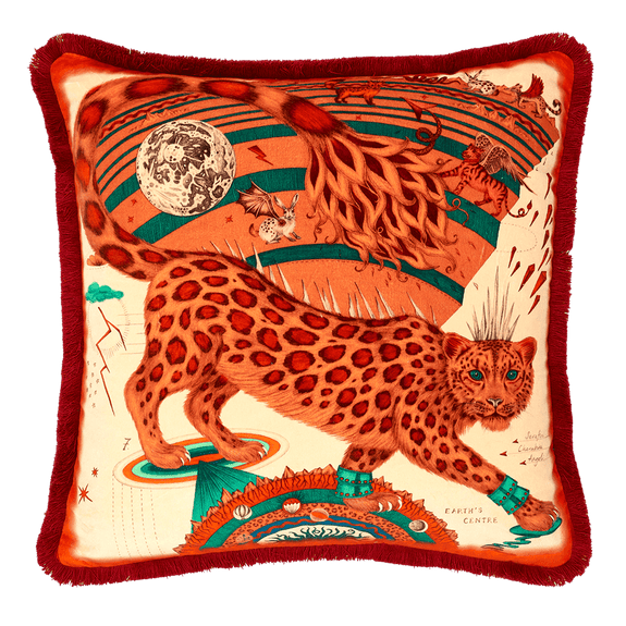 Flame | The Snow Leopard Luxury Velvet Cushion in Flame, featuring vibrant oranges, flame reds and striking blues with opulent ruche fringing. Designed by Emma J Shipley, inspired by Dante’s Inferno and Paradiso from the 14th century and Ingmar Bergman’s film “The Seventh Seal”
