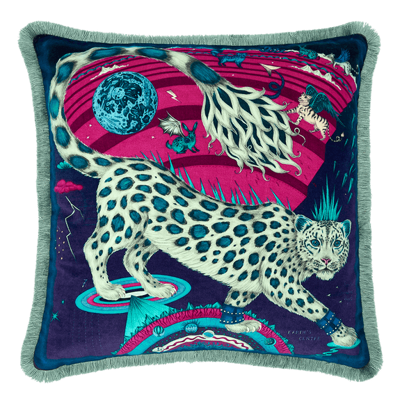 Ice | The Snow Leopard Luxury Velvet Cushion in Ice, featuring sstriking pinks and vibrant blues with opulent ruche fringing. Designed by Emma J Shipley, inspired by Dante’s Inferno and Paradiso from the 14th century and Ingmar Bergman’s film “The Seventh Seal”