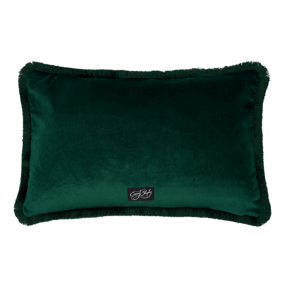 Emerald | The Snow Leopard Luxury Velvet Bolster Cushion in Emerald, featuring enchanting greens, striking pinks and luxury purples with opulent ruche fringing. Designed by Emma J Shipley, inspired by Dante’s Inferno and Paradiso from the 14th century and Ingmar Bergman’s film “The Seventh Seal”. 