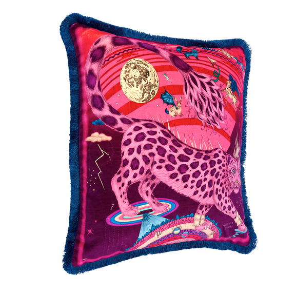 Berry | The Snow Leopard Luxury Velvet Cushion in Berry, featuring vibrant pinks, luxurious purples and striking blues with opulent ruche fringing. Designed by Emma J Shipley, inspired by Dante’s Inferno and Paradiso from the 14th century and Ingmar Bergman’s film “The Seventh Seal”