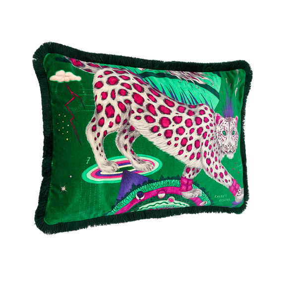 Emerald | The Snow Leopard Luxury Velvet Bolster Cushion in Emerald, featuring enchanting greens, striking pinks and luxury purples with opulent ruche fringing. Designed by Emma J Shipley, inspired by Dante’s Inferno and Paradiso from the 14th century and Ingmar Bergman’s film “The Seventh Seal”.