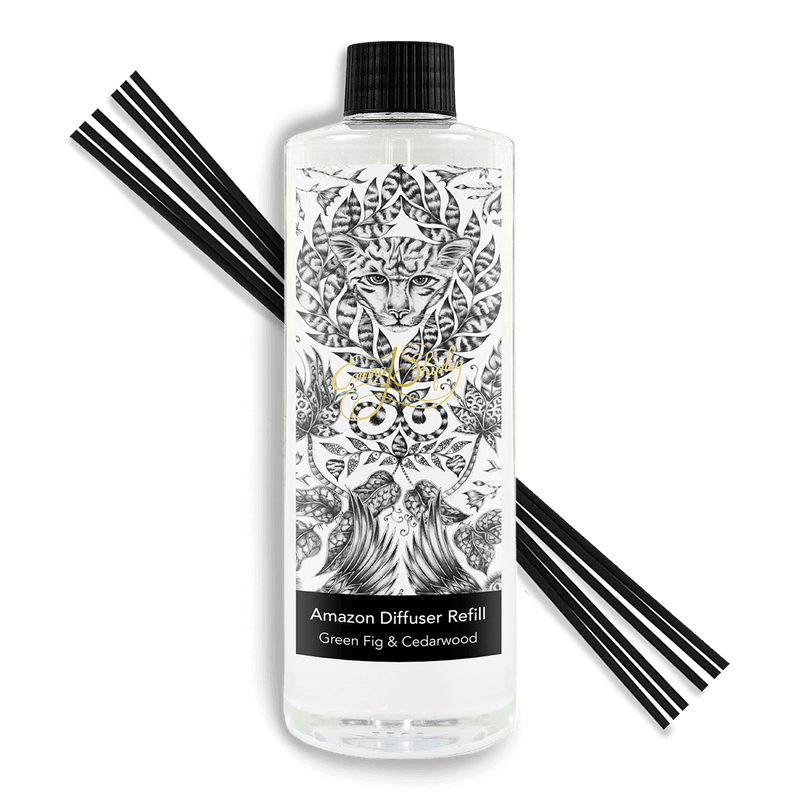 Amazon diffuser refill 500ml with twenty reeds, hand drawn and designed by Emma J Shipley, Green Fig and Cedarwood bespoke scent.