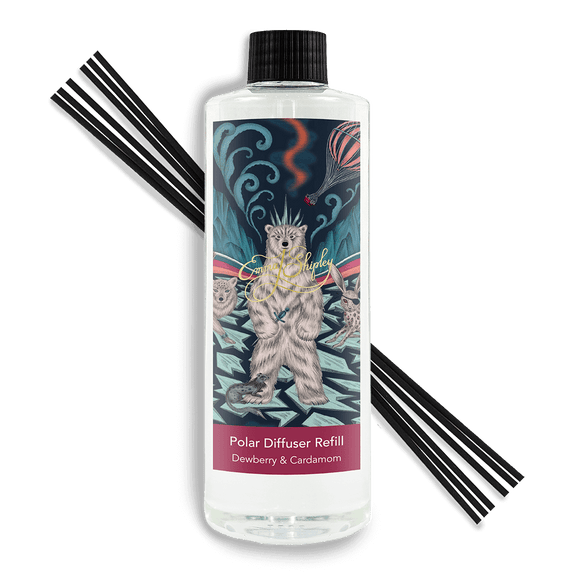 Polar Diffuser Refill with 500ml of bespoke scent featuring heart notes of luscious Dewberry, tempered with uniquely cooling Bergamot and Mandarin, all resting on a mysterious base of Cardamom and Patchouli with twenty reeds - hand drawn and designed by Emma J Shipley.