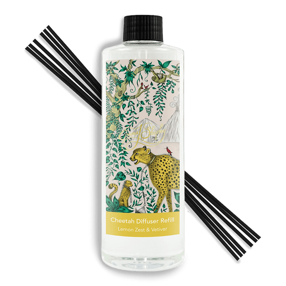 Cheetah Diffuser Refill with 500ml of Lemon and Grapefruit, with a graceful heart of Basil, Jasmine and Rose, set on a fresh yet woody base of Vetiver, creating a bold, bright fragrance with twenty reeds - hand drawn and designed by Emma J Shipley.