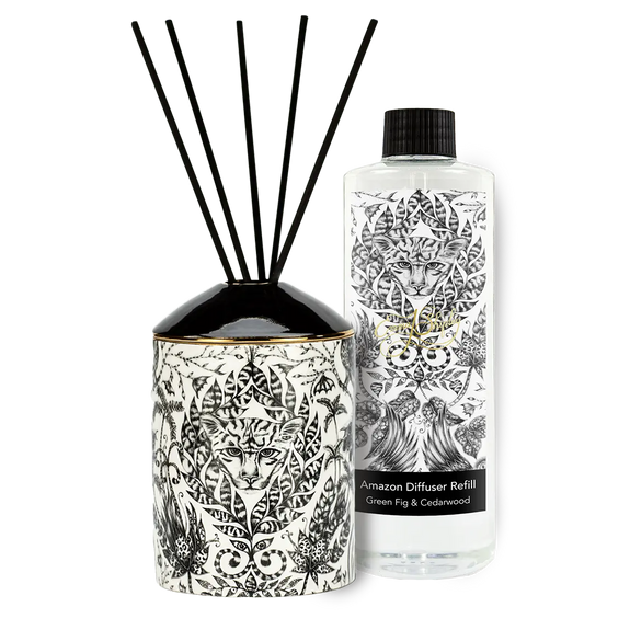 Amazon diffuser refill 500ml with twenty reeds, hand drawn and designed by Emma J Shipley, Green Fig and Cedarwood bespoke scent.
