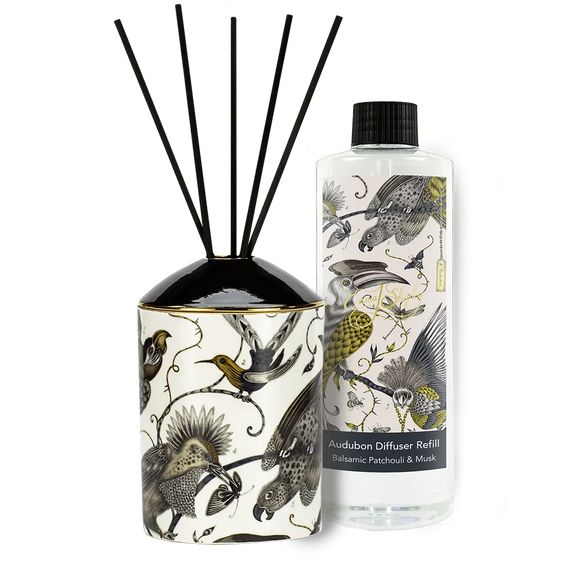 Audubon diffuser refill 500ml with twenty reeds, hand drawn and designed by Emma J Shipley, a mixture of patchouli essential oils and geranium, set on a woody, musky base to create a balsamic harmony.