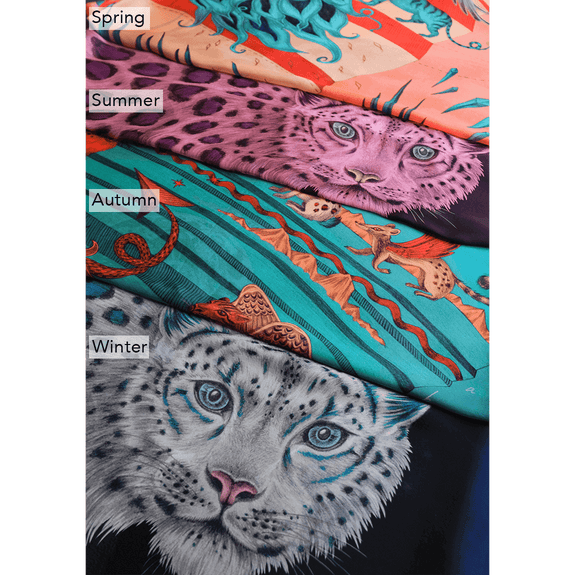 Winter - Ice | All the Snow Leopard scarves created in collaboration with colour experts Red Leopard, the Snow Leopard design has been inspired by Dantes inferno featuring a large snow leopard cat designed by Emma J Shipley