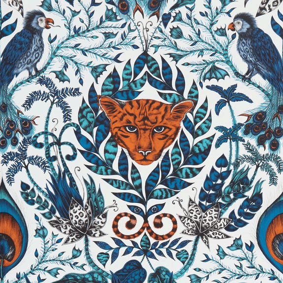 Blue | The Amazon design in Blue featuring a jaguar head and birds inspired by the amazon rainforest, discover this magical wallpaper designed by Emma J Shipley x Clarke & Clarke