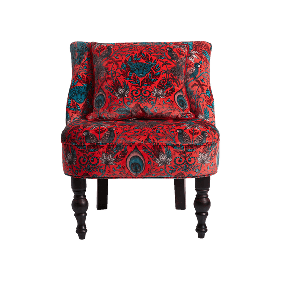Red | A bold, luxurious upholstered occasion chair featuring Animalia fabric in the Amazon design by Emma J Shipley designed in collaboration with Clarke & Clarke. Featuring a selection of jungle animals in reds and teals
