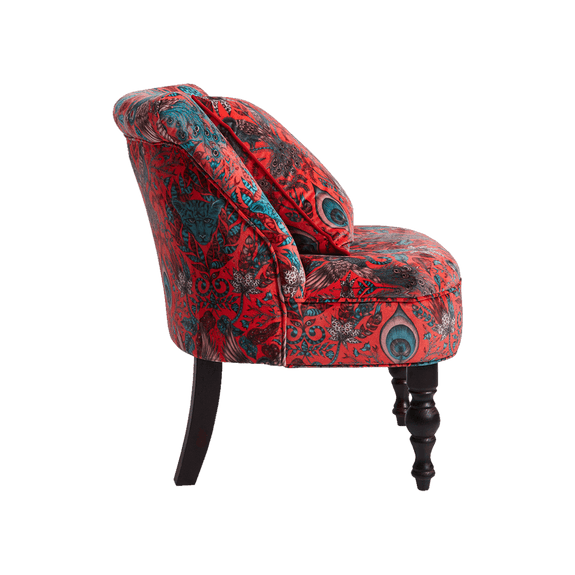 Red | Emma J Shipley for Clarke & Clarke furniture; the Amazon Langley Chair is upholstered with stunning, statement red velvet. Printed fabric chair, with striking jungle design