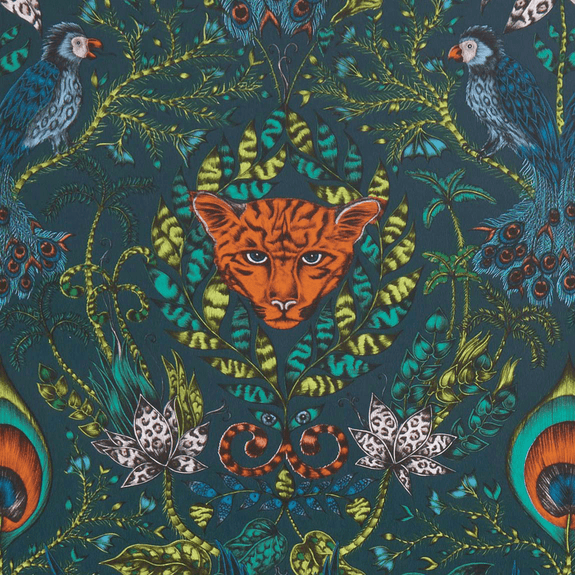 Navy | The Amazon design in Navy featuring a jaguar head and birds inspired by the amazon rainforest, discover this magical wallpaper designed by Emma J Shipley x Clarke & Clarke