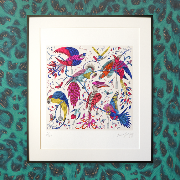 Multi | 8 x 10 inches | A fine art print in a limited-edition of 100, featuring Emma’s original pencil drawing, printed in glorious colour with a menagerie of vibrant multi-coloured birds, inspired by the work of botanical illustrator John James Audubon