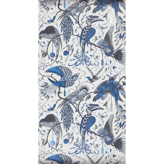 Blue | A Wider look at the Blue Audubon Wallpaper is inspired by John James Audubon and features birds and vines, designed by Emma J Shipley x Clarke & Clarke