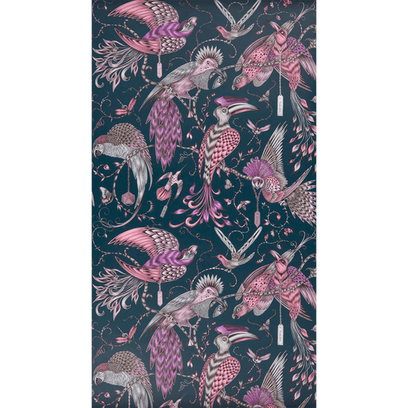 Pink | A Wider look at the Pink Audubon Wallpaper is inspired by John James Audubon and features birds and vines, designed by Emma J Shipley x Clarke & Clarke