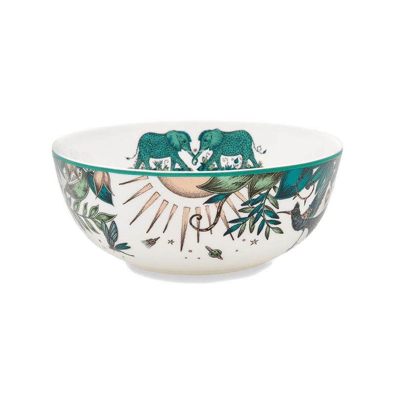 Zambezi Bowl designed by Emma J Shipley, crafted in fine bone china by skilled artisans in Stoke on Trent UK, hand decorated with an exquisitely detailed and colourful design featuring leopard spotted elephants, a leaping gazelle, soaring hornbills in layers of teal, greens and neutrals, part of the Fine China Dining collection