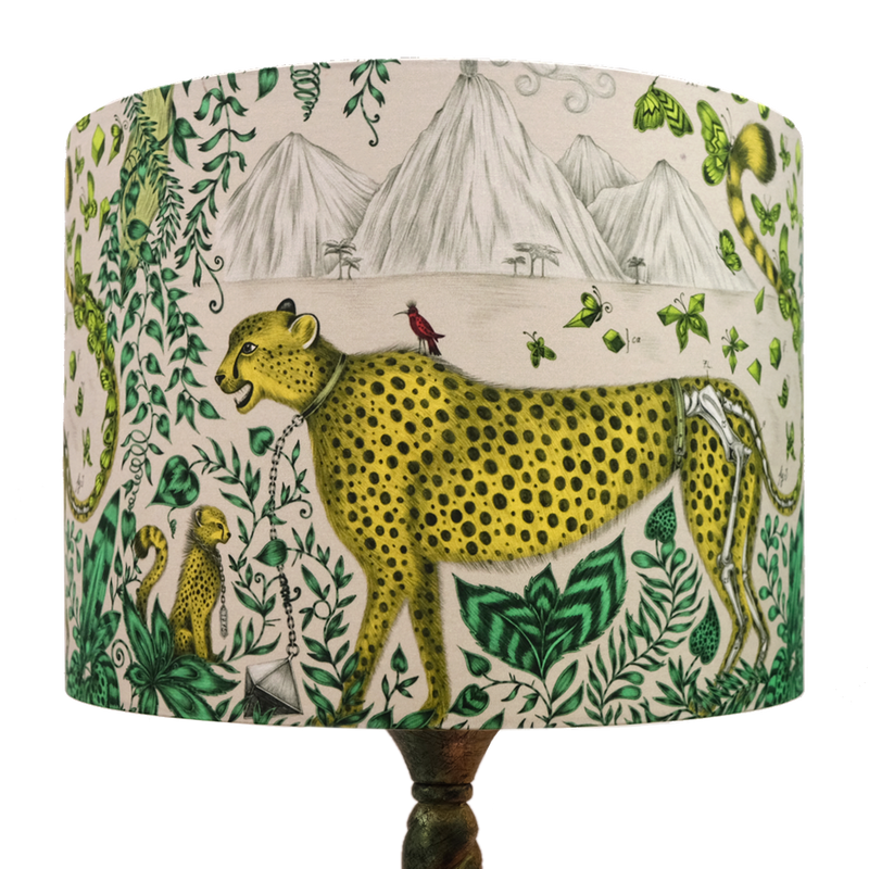 Light up your home with our magical Cheetah Silk Lampshade. The prowling cat with anatomical details and chained collar represents the species' vulnerable endangered status and our need to protect them