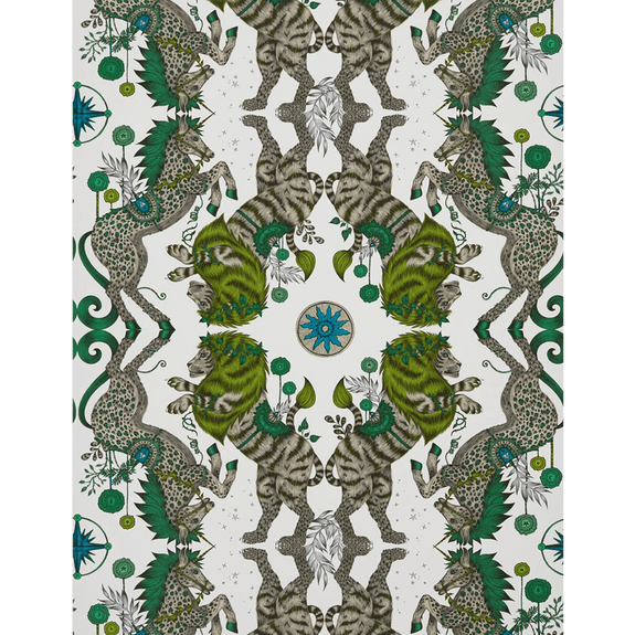 Lime | A wider look at the Lime Caspian wallpaper, inspired by the Chronicles of Narnia featuring a Lion and a Unicorn designed by Emma J Shipley and manufactured by Clarke & Clarke