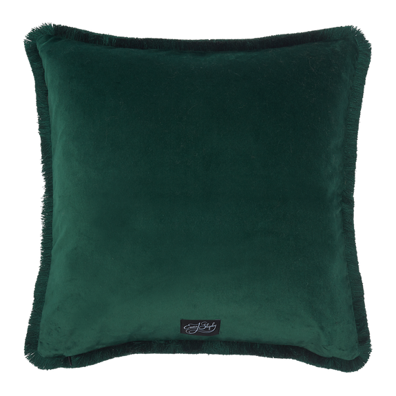 Teal | The back of the Kruger Luxury Velvet cushion in a deep bottle green