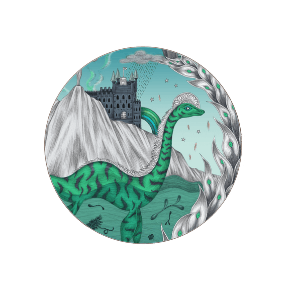 Green | The highlandia coaster in turquoise featuring the lochness, a castle and a mountain. Designed by Emma J Shipley