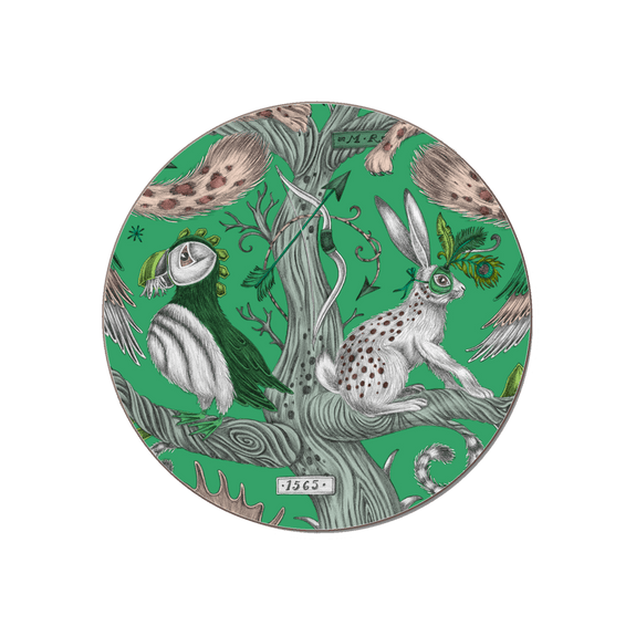 Green | 1 | The Wonder World coaster in Lime  featuring a cheshire cat, tree trunk, puffin and a masked hare. Designed by Emma J Shipley