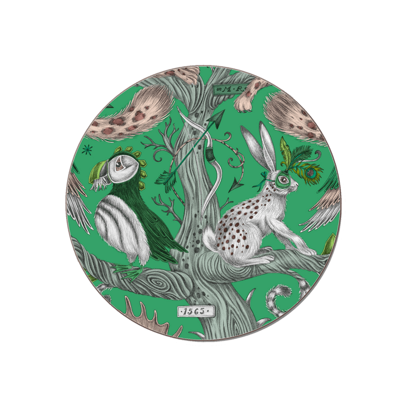  The Wonder World coaster in Lime  featuring a cheshire cat, tree trunk, puffin and a masked hare. Designed by Emma J Shipley