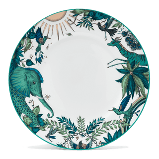 Zambezi Dinner Plate designed by Emma J Shipley, crafted in fine bone china by skilled artisans in Stoke on Trent UK, hand decorated with an exquisitely detailed and colourful design featuring leopard spotted elephants, a leaping gazelle, soaring hornbills in layers of teal, greens and neutrals, part of the Fine China Dining collection