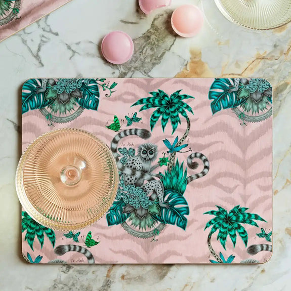 Pink | Medium | 1 | The Lemur Pink Placemat featuring the madagascan Lemur, palm trees and leafy foliage, designed and drawn by Emma J Shipley