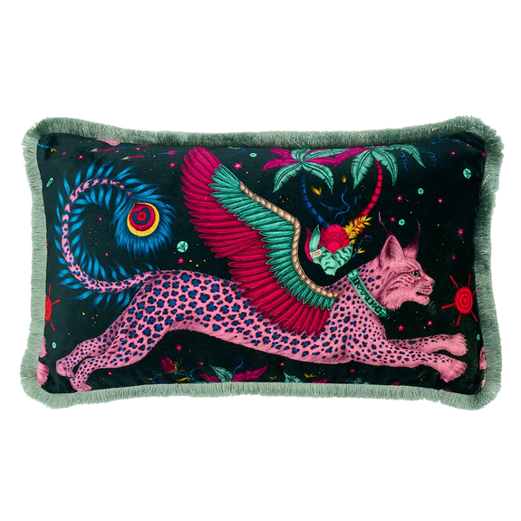 Navy | Velvet bolster cushion in navy with pink Lynx, designed by Emma J Shipley in London