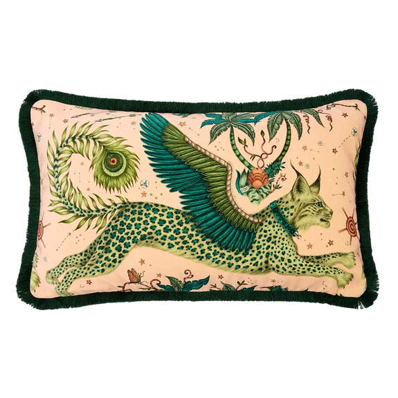 Pink | Velvet bolster cushion in pink with lynx in green designed by Emma J Shipley in London