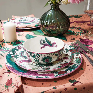 Lynx fine bone china 16-piece dining set, with dinner plate, side plate, bowl, mug, linen napkin and tablecloth designed by Emma J Shipley in London