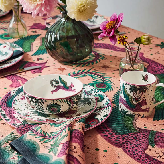 Lynx fine bone china dinner setting, with dinner plate, sid0e plate, bowl, mug linen napkin and tablecloth designed by Emma J Shipley in London