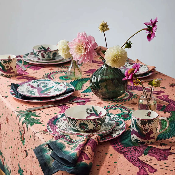 Lynx fine bone china dinner setting, with dinner plate, sid0e plate, bowl, mug linen napkin and tablecloth designed by Emma J Shipley in London