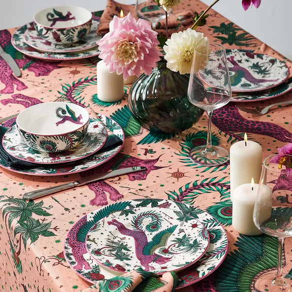 Lynx Fine bone china ultimate dining set, with dinner plate, side plate, bowl, tablecloth and napkins. Designed in London by Emma J Shipley