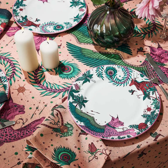 Lynx Dinner Plate on table setting with lynx tablecloth and napkins designed by Emma J Shipley in London