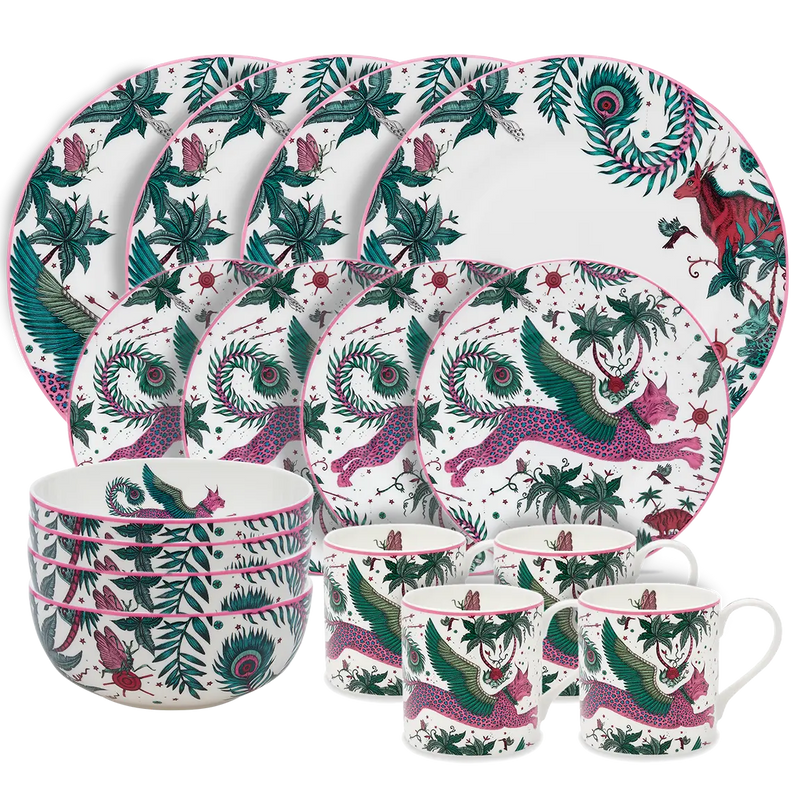 Lynx fine bone china 16-piece dining set, with dinner plate, side plate, bowl, mug, designed by Emma J Shipley in London