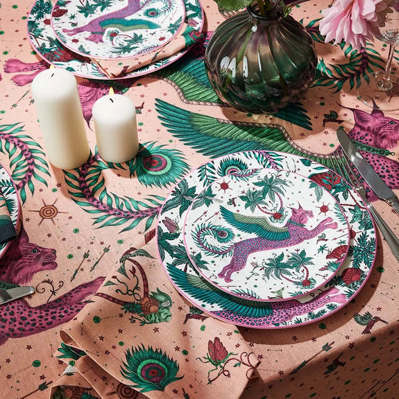 Fine Bone China Dining Set and table linen with Lynx design, designed in London England by Emma J Shipley, made in Stoke on Trent