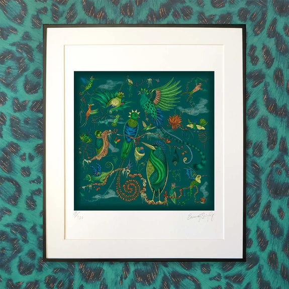 8 x 10 inches | Quetzal Art Print in Teal in frame with felis print background inspired by Costa Rica's Cloud Forest designed by Emma J Shipley in London