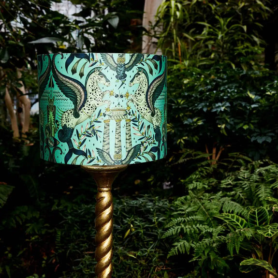 Peacock | Odyssey Silk Lampshade - Small in Peacock, designed by Emma J Shipley.  This intricate hand-drawn design was inspired by the Hellenistic period, the gods and goddesses of Grecian mythology and Emma’s travels to Greece’s ancient sites.  