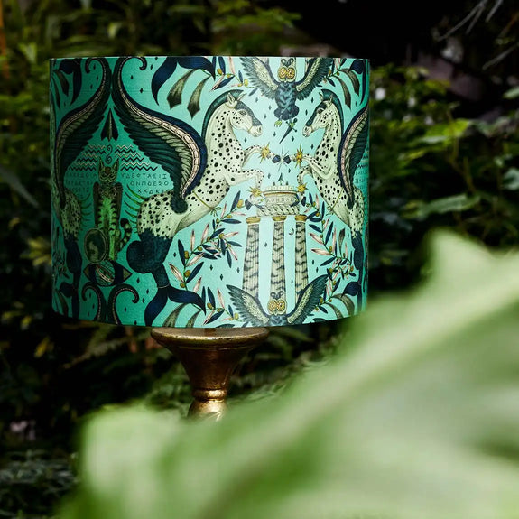 Peacock | Odyssey Silk Lampshade - Small in Peacock, designed by Emma J Shipley.  This intricate hand-drawn design was inspired by the Hellenistic period, the gods and goddesses of Grecian mythology and Emma’s travels to Greece’s ancient sites.  