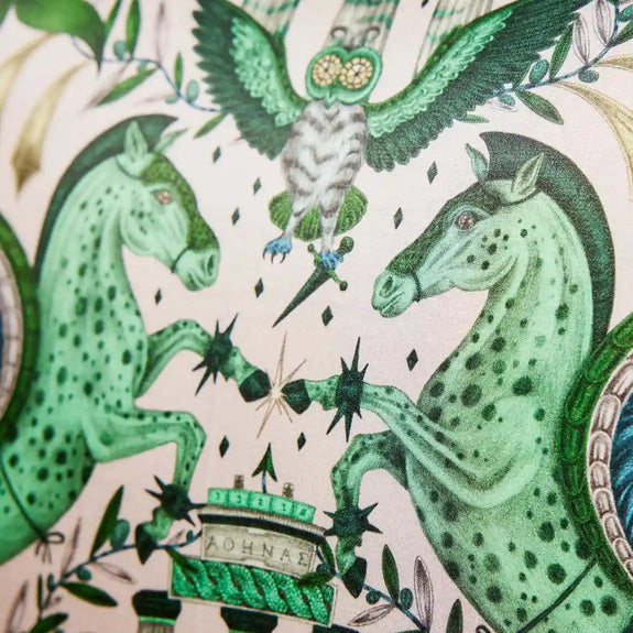 Emerald | Odyssey Silk Cushion in Emerald Green designed by Emma J Shipley. This intricate hand-drawn design was inspired by the Hellenistic period, the gods and goddesses of Grecian mythology and Emma’s travels to Greece’s ancient sites