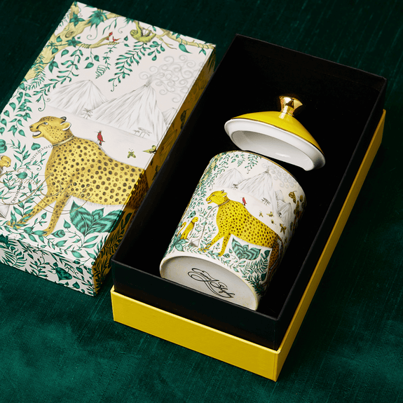 The Cheetah Candle in it's matching box showing the EJS signature on the bottom 