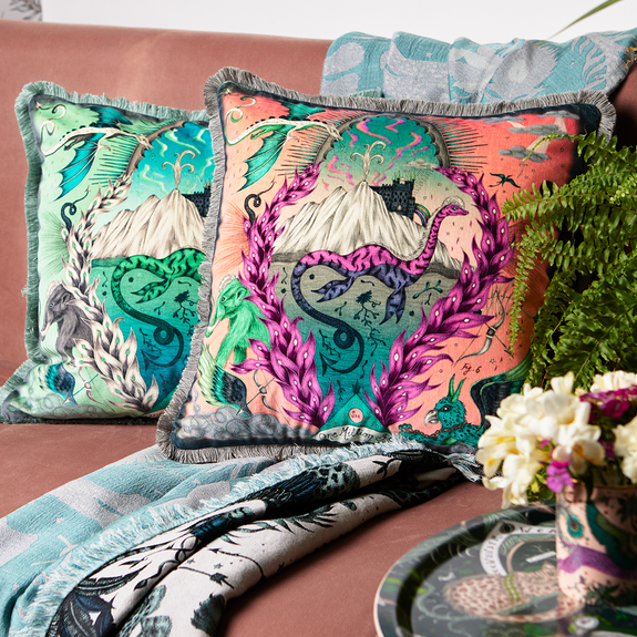 Pink | The Highlandia luxury velvet cushions in both mint green and soft coral pink are perfect for uplifting your interior, featuring the loch ness monster, the Scottish Highlands and many other mystical beasts