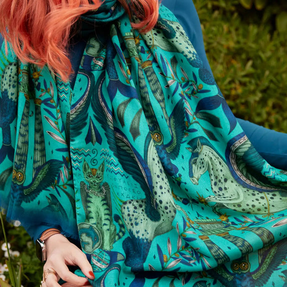Autumn - Peacock | Odyssey Modal Cashmere scarf in Peacock, Azure, Teal designed in London by Emma J Shipley