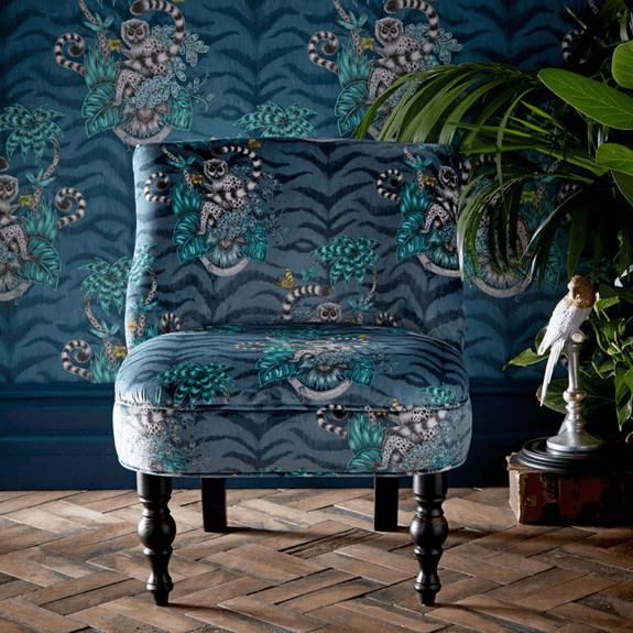 Navy | The Lemur Langley Chair is upholstered with the Navy lemur Velvet fabric from the Animalia collection, made by Emma J Shipley in collaboration with Clarke & Clarke