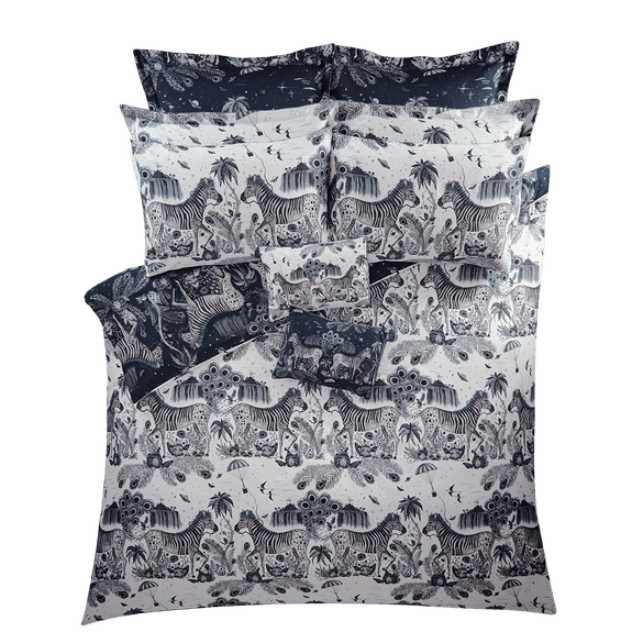 Navy/White | The reverse side of the Navy and Blue Lost World duvet set, beautifully illustrated by Emma J Shipley, made in collaboration with Clarke and Clarke, this shows the monochrome Blue side that can also be used as the main side with a different effect
