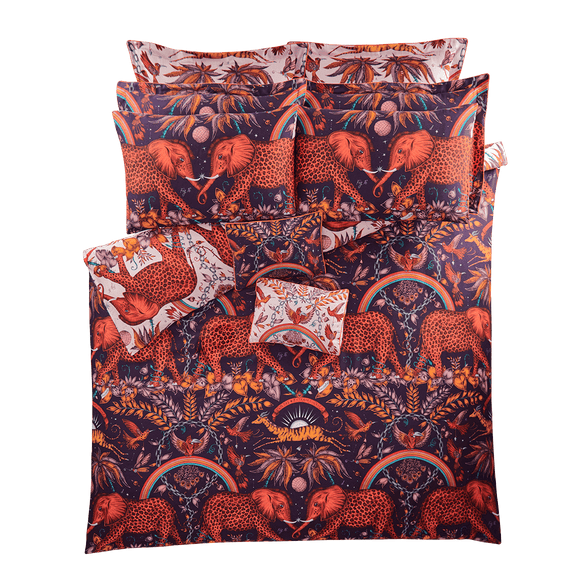 Wine/Blush | Transform your bedroom into a surreal African landscape with the Zambezi Duvet Cover in wine, designed by Emma J Shipley. Featuring a striking scene of creatures including striking leopard-spotted elephants, leaping qazelles and birds of paradise.