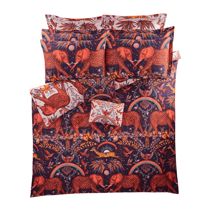  Transform your bedroom into a surreal African landscape with the Zambezi Duvet Cover in wine, designed by Emma J Shipley. Featuring a striking scene of creatures including striking leopard-spotted elephants, leaping qazelles and birds of paradise.