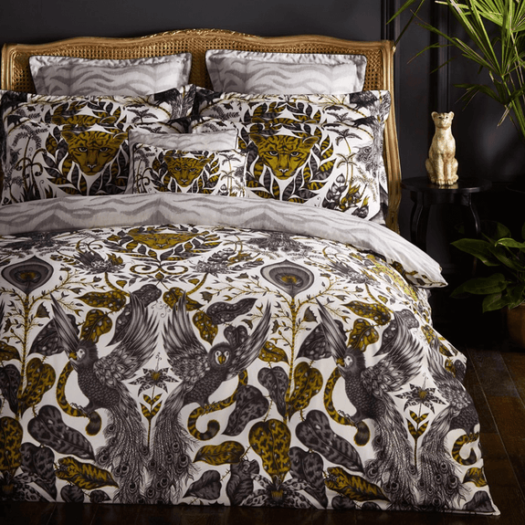 Gold/Grey | The tropical golden Amazon bedding in all its glory. Designed and hand drawn by Emma J Shipley for Clarke & Clarke