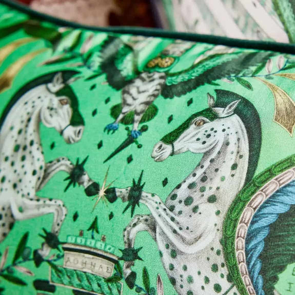 Emerald | Odyssey Silk Bolster Cushion in Emerald Green designed by Emma J Shipley. This intricate hand-drawn design was inspired by the Hellenistic period, the gods and goddesses of Grecian mythology and Emma’s travels to Greece’s ancient sites
