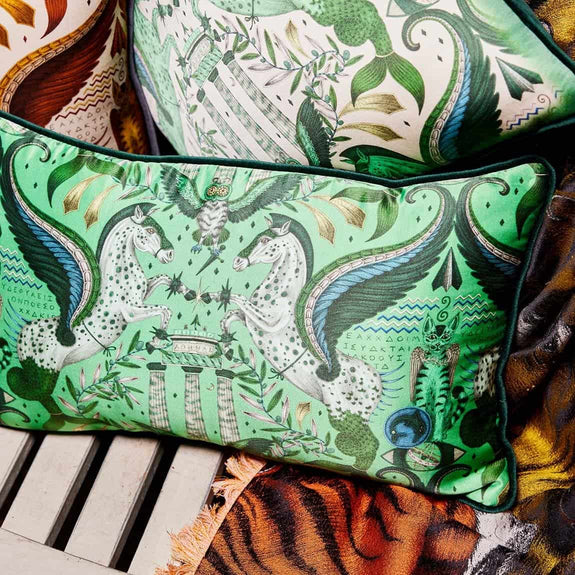 Emerald | Odyssey Silk Bolster Cushion in Emerald Green designed by Emma J Shipley. This intricate hand-drawn design was inspired by the Hellenistic period, the gods and goddesses of Grecian mythology and Emma’s travels to Greece’s ancient sites